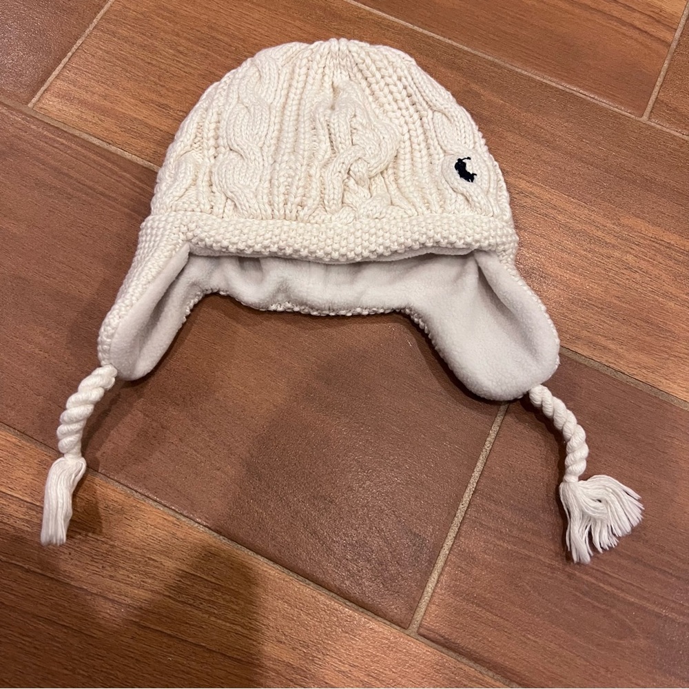 Toddler Polo Ralph Lauren Kids Ivory Knit Hat with Ear Flaps Size 2T-4T